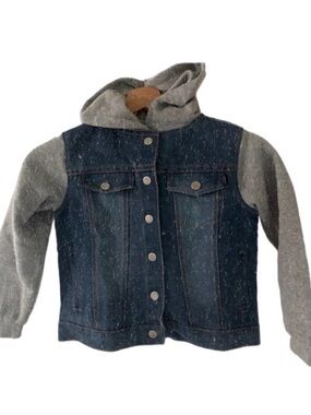 DKNY dark washed classic Denim casual Jacket with Gray fleece Hoodie & sleeves